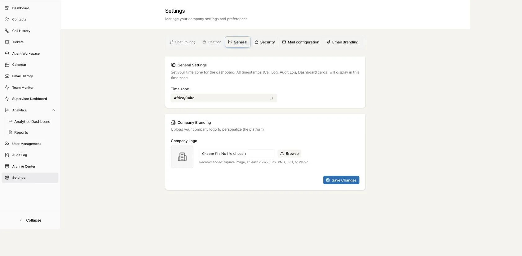Company branding settings — tenant logo and details